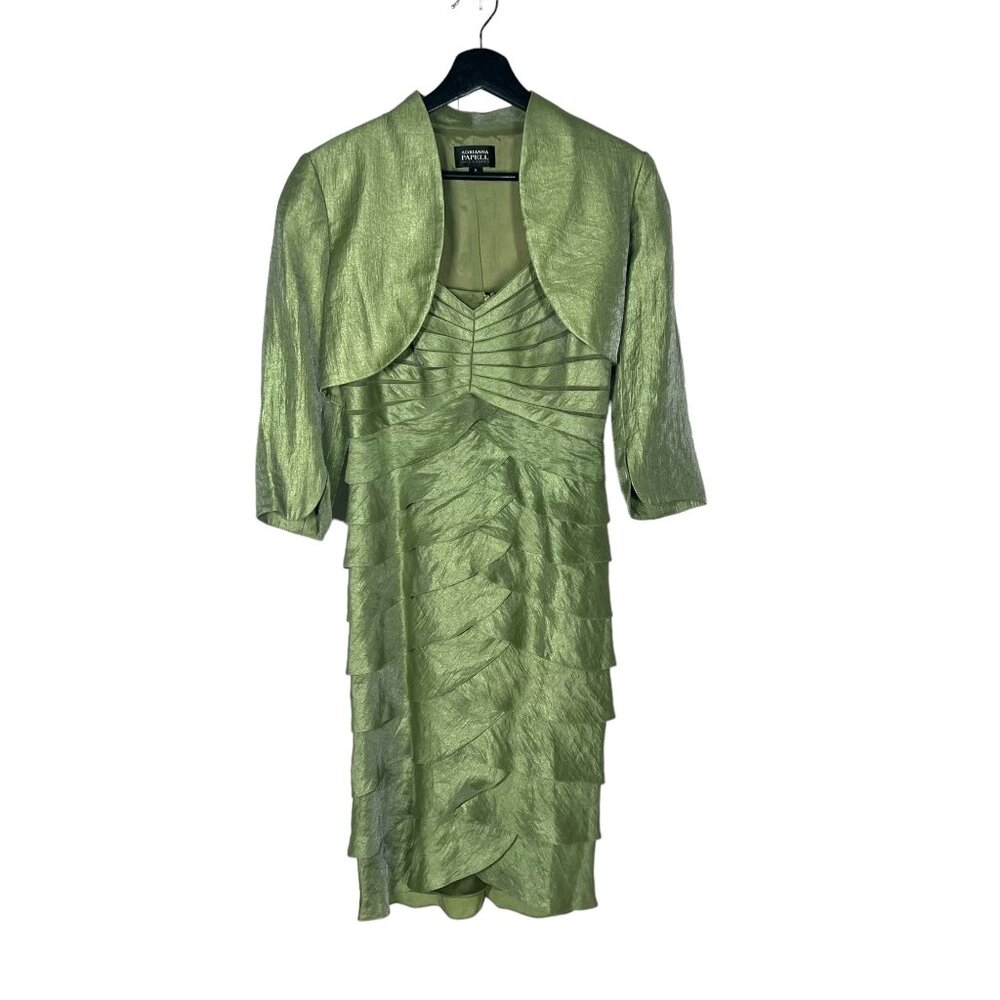 Adrianna Papell Green Tiered Knee Length Formal Dress Bolero Jacket Set 6